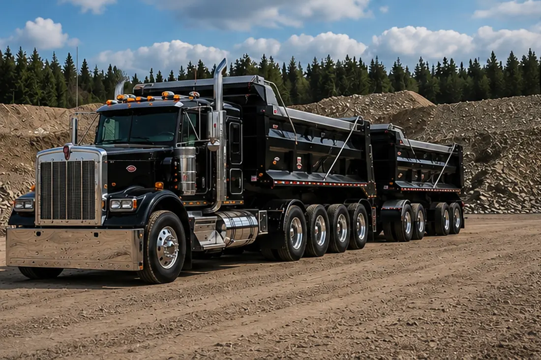 Long-hood dump truck with transfer trailer on a gravel site
