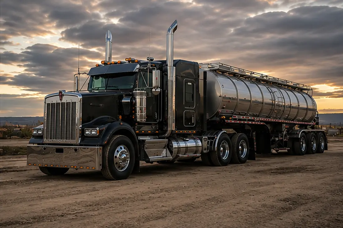 Highway tractor pulling a stainless tanker at dusk